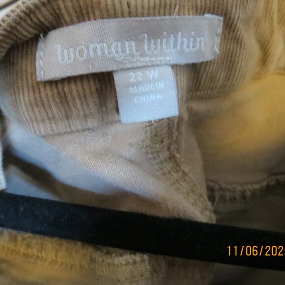 Woman Within 22W Straight Leg Beige/Light Brown Corduroy Pants - Picture 3 of 4